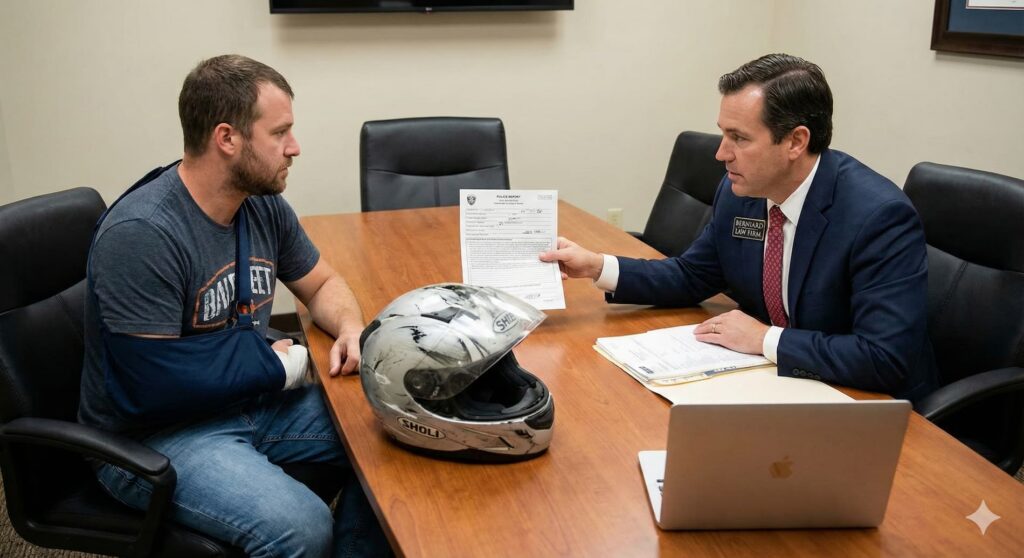 A Berniard Law Firm attorney consulting with an injured motorcyclist, reviewing the client's damaged helmet and the police report to build a case.